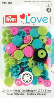 Druckknopf Color, Prym Love, Blume, 13,6mm, türkis/grün/pink